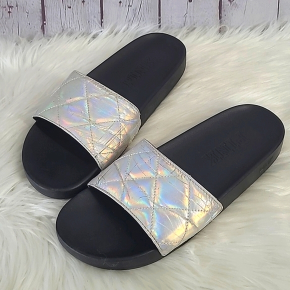 Victoria's Secret PINK Silver Rainbow Holographic Metallic Slide Slip-On Sandals - Picture 3 of 17